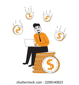 Happy businessman sits stack of coins.Man with laptop.Vector flat illustration.Online payment.Successful remote freelance work. Isolated on white background.