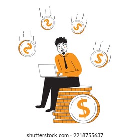 Feliz hombre de negocios sienta su pila de monedas. Hombre con portátil.Ilustración plana vectorial.Pago en línea.Trabajo independiente remoto exitoso. Aislado sobre fondo blanco.