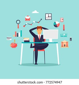 Happy businessman sitting at computer, icon set. Flat design vector illustration.