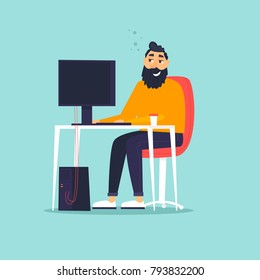 Happy businessman sitting at computer. Programmer, business analysis, design, strategy. Flat design vector illustration.