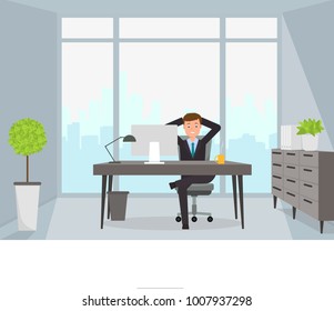 Happy businessman sitting at computer. Vector illustration.