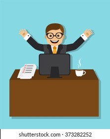 Happy businessman sitting at a desk. On the table is a computer, a cup of coffee and made a list of cases