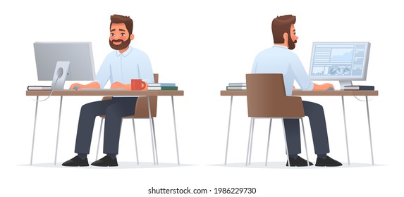Happy businessman is sitting at desktop. Work the computer, financial analytics. Office worker or company employee. Front and back side. Vector illustration in cartoon style - Shutterstock ID 1986229730