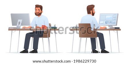 Happy businessman is sitting at desktop. Work the computer, financial analytics. Office worker or company employee. Front and back side. Vector illustration in cartoon style