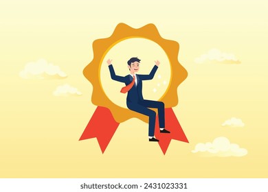 Happy businessman sitting on award winning medal thumbs up himself, self promotion, encouragement and motivate yourself for positive thinking and achieve success (Vector)