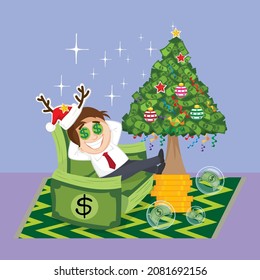 Happy businessman sitting on banknotes on new year day, Illustration vector cartoon