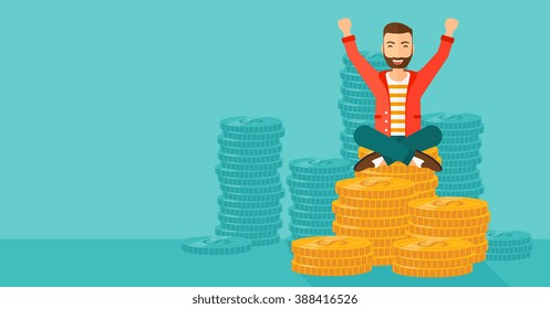  Happy businessman sitting on coins.