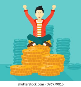  Happy businessman sitting on coins.
