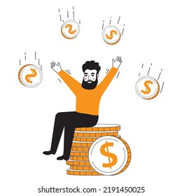 Happy businessman sitting on coins.Successful investor or entrepreneur.Freelance finance.Entrepreneurs manage investments or finances.Money wealth.Hand drawn style vector design illustrations.