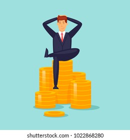 Happy businessman is sitting on the money. Flat design vector illustration.