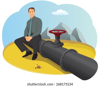 Happy businessman sitting on the oil pipeline in the desert
