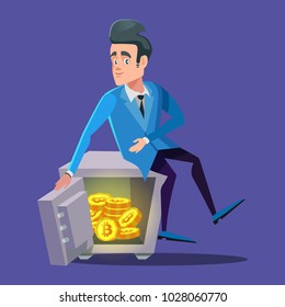 Happy Businessman Sitting on Safe Full of Bitcoin. Crypto Currency Security Technology. Vector illustration