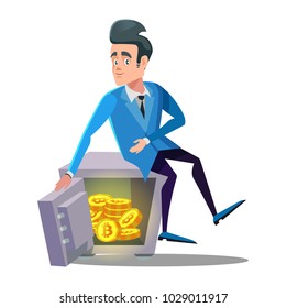 Happy Businessman Sitting on Safe Full of Bitcoin. Crypto Currency Security Technology. Vector illustration