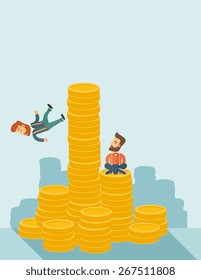 Happy businessman sitting with self confidence on the top of a coin while competitor feel sad on his falling down from higher piled coin as a symbol of unsuccessful business.A contemporary style with