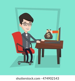 Happy businessman sitting at the table in office and a hand with bag of money coming out of his laptop. Businessman earning money from online business. Vector flat design illustration. Square layout.