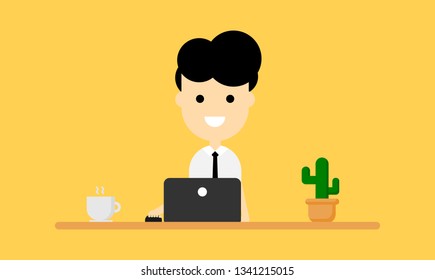 Happy businessman is sitting working at the table with a laptop. Business concept. funny cartoon character isolated on yellow background. vector illustration.