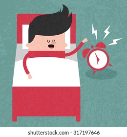 Happy businessman sleeping in bed when the alarm clock rang, wake up early, morning. Concept  illustration. Vector flat design. Trendy graphic cartoon style. Cute funny card