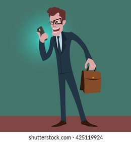 Happy businessman with a smartphone.Cartoon style character. Vector illustration.