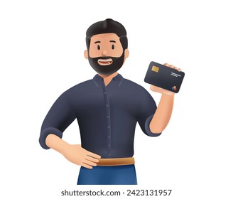 Feliz empresario sonriendo y sosteniendo tarjeta de débito o tarjeta de pago digital. Pagos en línea, banca y concepto de compras. Pago, dinero digital. Ilustración de caracteres de vector 3