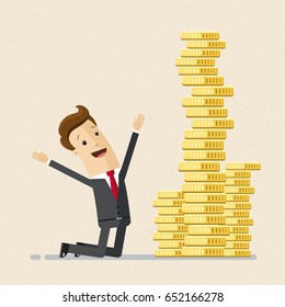 Happy Businessman with Stack Of Coins. Man in suit kneels next to a large pile of gold coins. Vector, illustration, flat