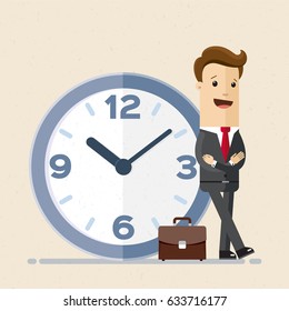 Happy businessman stand leaning to big clock. Concept of time management.  Vector, illustration, flat.