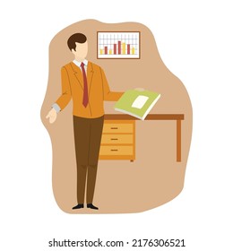 Feliz hombre de negocios con un documento abstracto. Trabajador de oficina que presenta informe y estrategia. Un hombre pequeño sostiene un documento de negocios con lista de planes. Ilustración vectorial plana aislada en fondo blanco