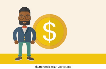 A happy businessman standing with a big dollar coin beside him as a sign of his success in business. Business growth concept.  A Contemporary style with pastel palette, soft beige tinted background
