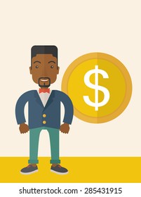 A happy businessman standing with a big dollar coin beside him as a sign of his success in business. Business growth concept.  A Contemporary style with pastel palette, soft beige tinted background
