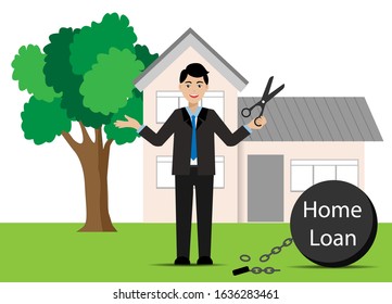 Happy businessman standing with big scissor cut chains of home loan on his leg in front of beautiful house. all installment on home loan has been paid. Idea for home loan, estate mortgage. 