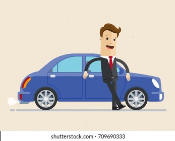 Happy businessman standing near blue car. Illustration  on white background in flat style. Business concept. 