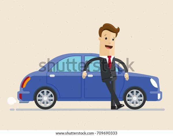 Happy\
businessman standing near blue car. Illustration  on white\
background in flat style. Business concept.\
