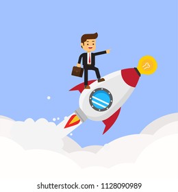 Happy businessman standing on rocket ship with idea light bulb flying through the sky