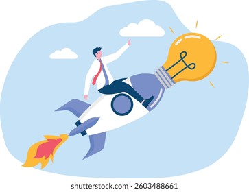 Happy businessman standing on rocket ship with idea light bulb flying through the sky. Start up business idea concept.

