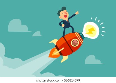 Happy businessman standing on rocket ship with idea light bulb flying through the sky. Start up business idea concept.