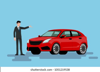 A happy businessman is standing and present  his red car that parked on the street.Vector illustration design.