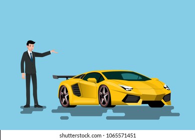 A Happy Businessman Is Standing And Present  His Super Car That Parked On The Street.Vector Illustration Design.