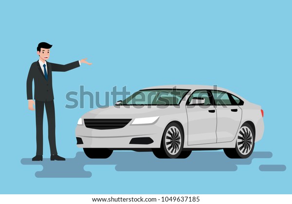 A happy
businessman is standing and present  his car that parked on the
street.Vector illustration
design.