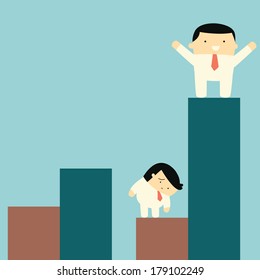 Happy businessman standing and raising hands on the top of high statistics graph, while competitor feel sad on his falling down statistics.  