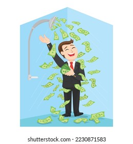 Happy businessman standing shower of money, illustrator vector cartoon drawing