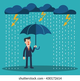 Happy businessman standing with umbrella under thunderstorm. Concept of businessman protection
