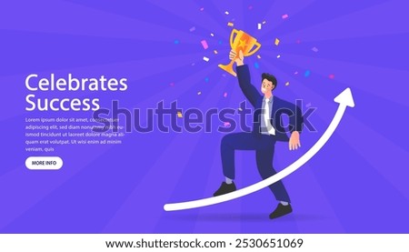 Happy businessman stands on graph first celebrates success by lifting a golden cup trophy. Business winner concept. Success and achievement. Get reward and celebrate. employee winners award ceremony.