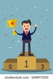 Happy businessman stands on pedestal holding cup overhead. vector