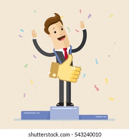 Happy businessman stands on pedestal with a gold medal  in form of sign "like" or "thumbs-up" . Likes and positive feedback concept. Vector, illustration, flat