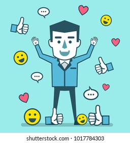 Happy businessman stands under falling social media icons. Successful social media marketing concept. Simple style vector illustration