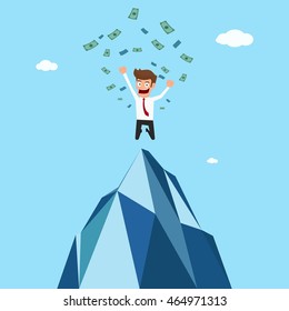Happy businessman successful jumping on top of mountain and get more money. Cartoon Vector Illustration