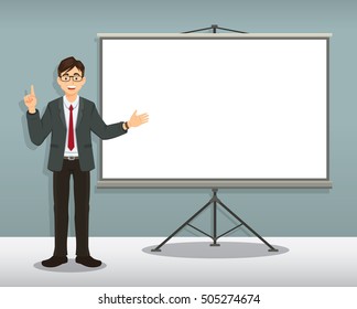 Happy businessman in suit giving presentation with projector screen white board. cartoon vector illustration
