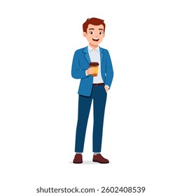 Happy Businessman in Suit Holding Coffee Cup Standing and Smiling in Full Length View
