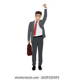 Happy businessman in a suit with a red tie, holding a briefcase and raising one arm. Flat vector illustration isolated on white background