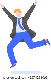 Happy businessman in suit running and celebrating success with arms raised, expressing joy and enthusiasm for achieving goals or winning business deal