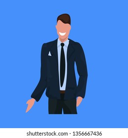 happy businessman in suit standing pose business man office worker male cartoon character portrait flat blue background